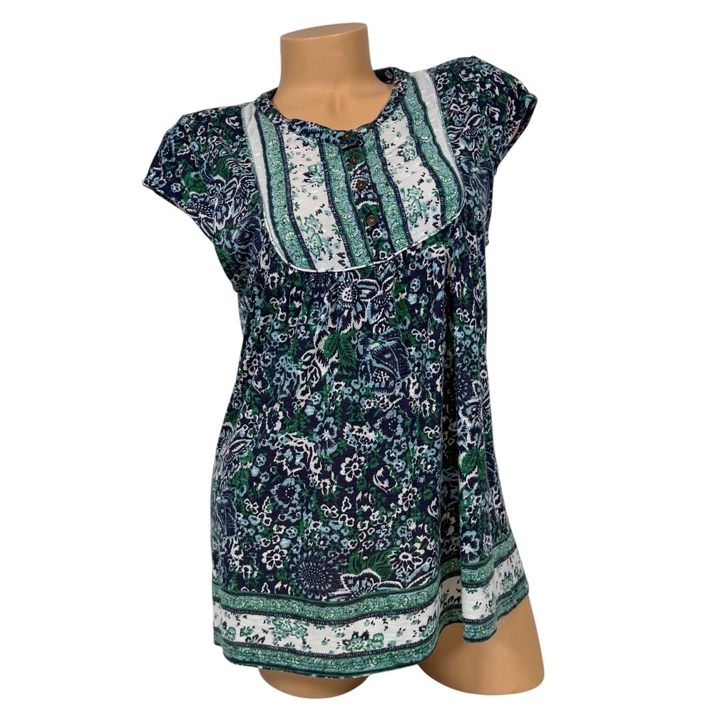 Lucky Brand Womens Floral Paisley‎ Cap Sleeve Button Bib Top Navy Green Size M